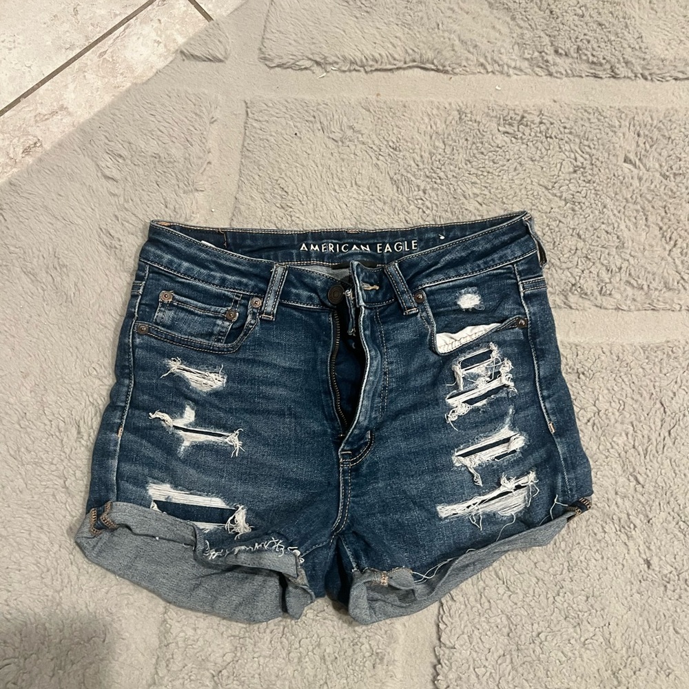American Eagle Outfitters Women's Ripped Dark Blue Jean Shorts